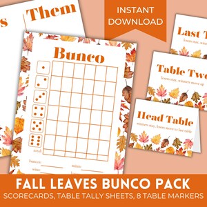 Afdrukbare bunco-scorebladen met herfstblad | Herfstbladeren september oktober Bunco-set | Bunko-scorekaarten met tafelkaarten en tafelnummers
