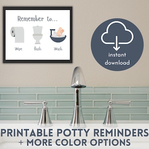 以下が含まれることがあります： 「Remember to...」の文字が書かれたフレーム入りのプリント。トイレットペーパーのロール、トイレ、石鹸の入ったボウルのイラストが上にあります。プリントの下には「PRINTABLE POTTY REMINDERS + MORE COLOR OPTIONS」の文字があります。「instant download」の文字と雲のアイコンが入った青い円も表示されています。