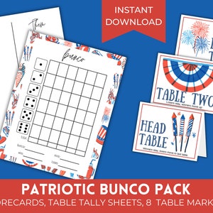 Printable Fourth of July Bunco Score Sheets | Patriotic America Bunco Cards | July Bunco Set | Bunko Score Cards Table Cards & Table Numbers