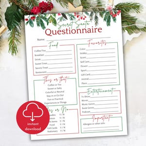 Druckbarer Wichtel Fragebogen | Weihnachtsgeschenkbörse Wunschliste | Co-Worker Büro Geschenkbörse Wichtelübersicht