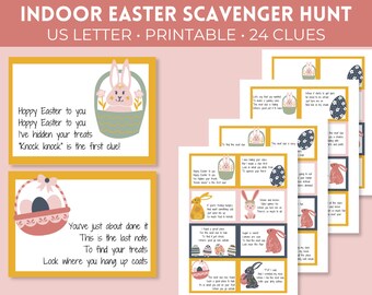 May include: Printable Easter scavenger hunt game with 24 clues. The cards feature a pink bunny rabbit holding an Easter basket with eggs. The text on the cards reads "Hoppy Easter to you Hoppy Easter to you I've hidden your treats 'Knock knock' is the first clue!" and "You've just about done it This is the last note To find your treats Look where you hang up coats".