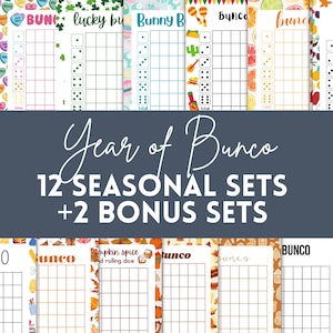Jaar van Bunco | 14 Bunco-sets | Afdrukbare seizoensgebonden Bunco-scorecards met tabelnummers Tabelnummers | Themabunco van januari tot december