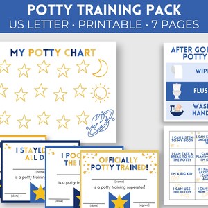 Paquete imprimible de entrenamiento para ir al baño con temática espacial / Tabla de entrenamiento para ir al baño / Certificados de entrenamiento para ir al baño / Tabla de recompensas para niños pequeños