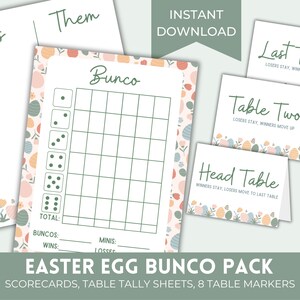 Folhas de pontuação Bunco para ovo de Páscoa para impressão | Conjunto Páscoa Março Abril Bunco | Cartões de pontuação Spring Bunko com cartões de mesa e números de mesa correspondentes