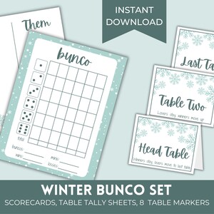 Afdrukbare besneeuwde Bunco-scorebladen | Winter december januari Bunco Set | Bunko-scorekaarten met bijpassende tafelkaarten en tafelnummers