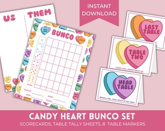 Printable Candy Heart Bunco Score Sheets | Valentine's Day February Bunco Set | Bunko Score Cards with Matching Table Cards & Table Numbers