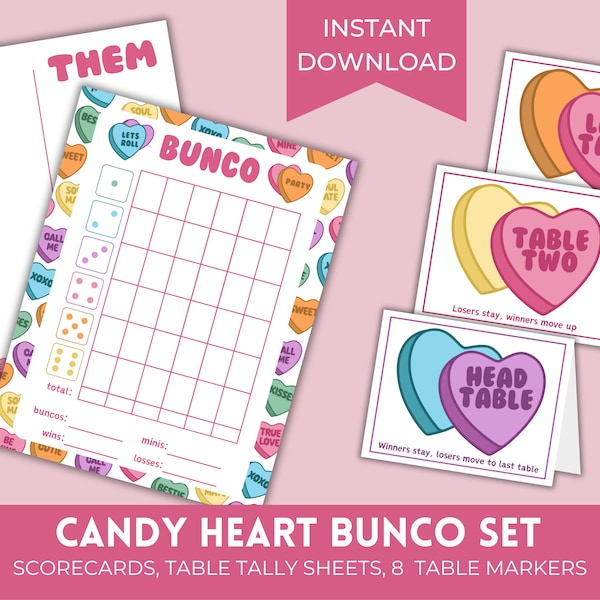 Printable Candy Heart Bunco Score Sheets | Valentine's Day February Bunco Set | Bunko Score Cards with Matching Table Cards & Table Numbers