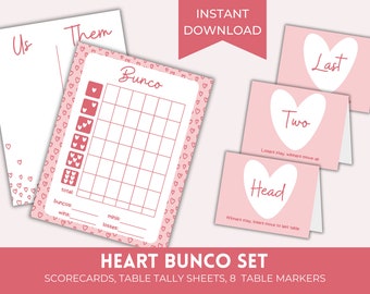 Printable Pink Heart Bunco Score Sheets | Valentine's Day February Bunco Set | Bunko Score Cards with Matching Table Cards & Table Numbers