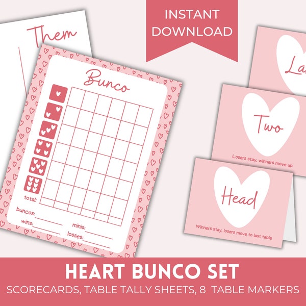 Printable Pink Heart Bunco Score Sheets | Valentine's Day February Bunco Set | Bunko Score Cards with Matching Table Cards & Table Numbers