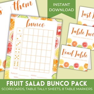 Hojas de puntuación de Bunco de frutas imprimibles / Limonada de verano Mayo Junio Julio Conjunto de Bunco / Tarjetas de puntuación Bunko con tarjetas de mesa a juego y números de mesa