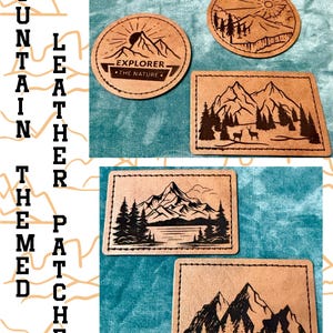 May include: A collection of mountain-themed leather patches in various shapes. Designs include mountain ranges, trees, and the text "EXPLORER THE NATURE." The patches are brown with black detailing and stitching.