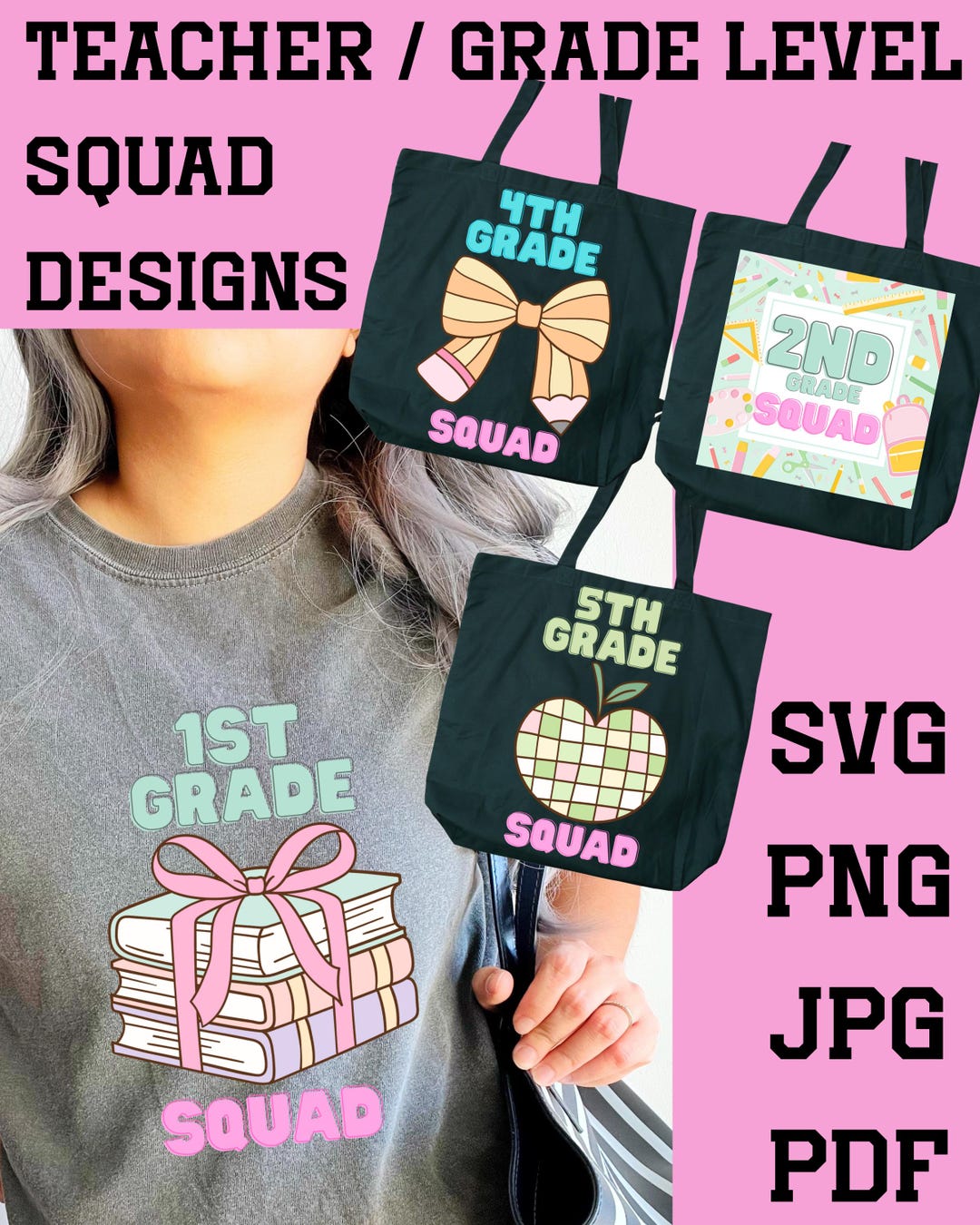 Teacher Grade Level Design Bundle: K-8 Squad SVG, PNG, JPG (digital ...