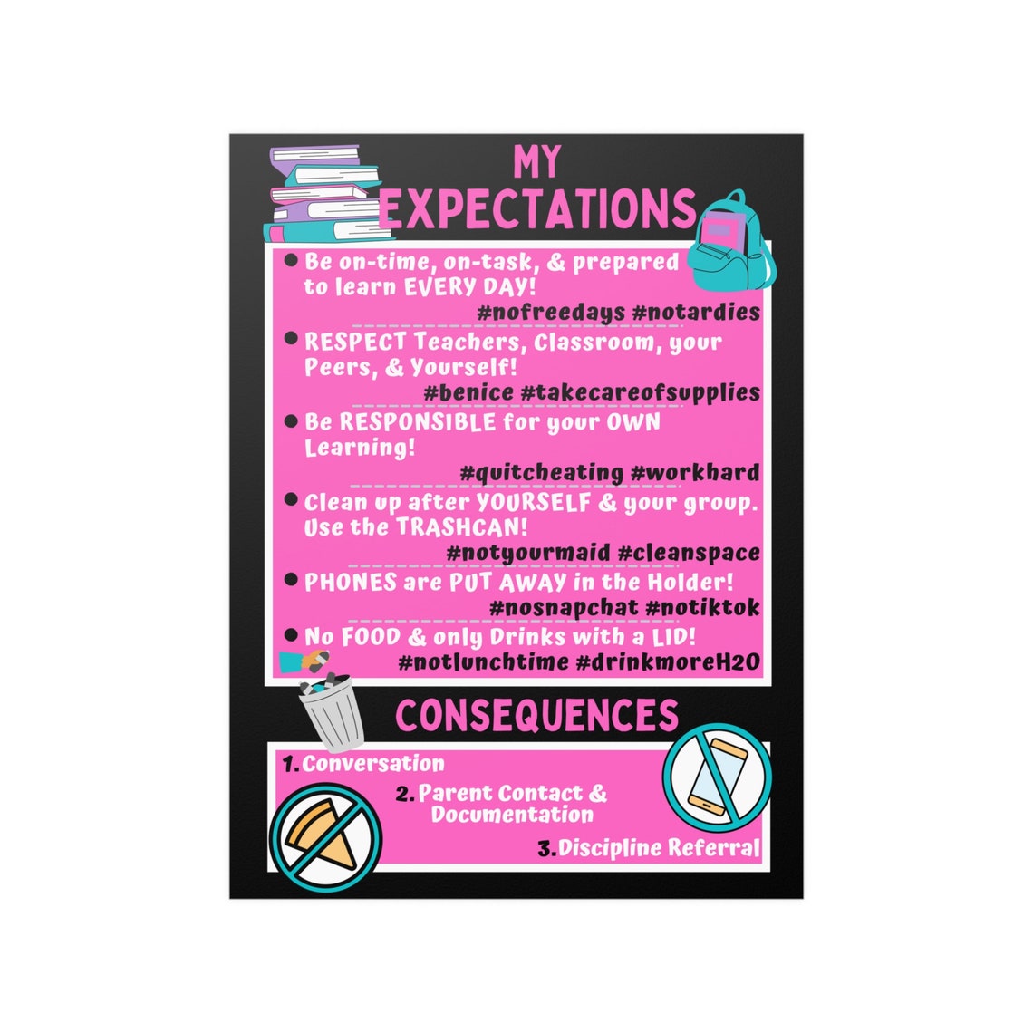 Middle/high School Classroom Expectations Satin Poster- Pink Multiple ...