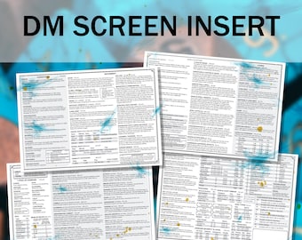 May include: A black and white DM screen insert for tabletop role-playing games. The insert features a variety of tables and charts for use during gameplay, including movement, combat, and spellcasting.