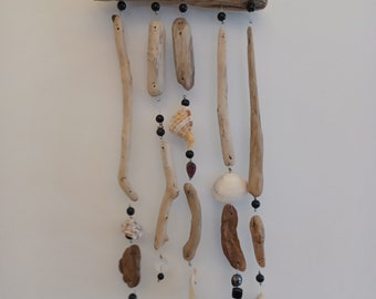 Carillon éolien méditerranéen, suspension décorative, art mural, en coquillages, perles de verre, pierres semi-précieuses, bois flotté