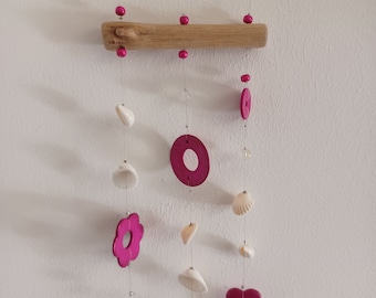 Boho pop chic wind chime, decorative suspension, wall art, made of coconut wood, shells and transparent crystal beads