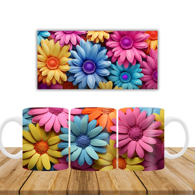 May include: Three white ceramic mugs with a colorful floral design. The mugs feature a close-up of pink, yellow, blue, and orange flowers.