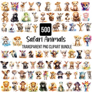 500 aquarel safari babydieren clipart, safaridieren png, safari kinderkamer png, jungledieren, verjaardag olifant giraf tijgeraap