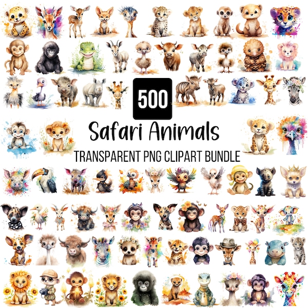 500 Watercolor Safari Baby Animals Clipart, Safari Animals PNG, Safari Nursery PNG, Jungle Animals, Birthday Elephant Giraffe Tiger Monkey