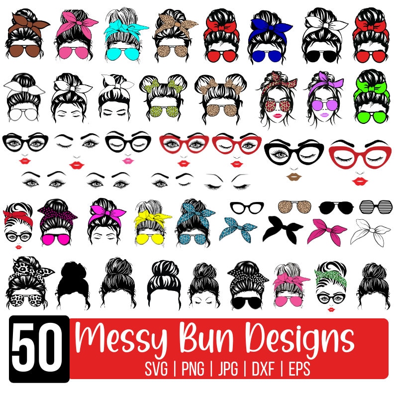 May include: 50 messy bun designs in black and white with various hairstyles, glasses, and headbands. The designs are perfect for crafting projects, such as t-shirts, mugs, and stickers.