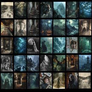 May include: A grid of 36 digital art prints with a dark, gothic theme. The images depict haunted houses, eerie landscapes, portraits, and surreal figures. The colour palette is dominated by blues, greens, and greys, creating a mysterious and atmospheric mood.