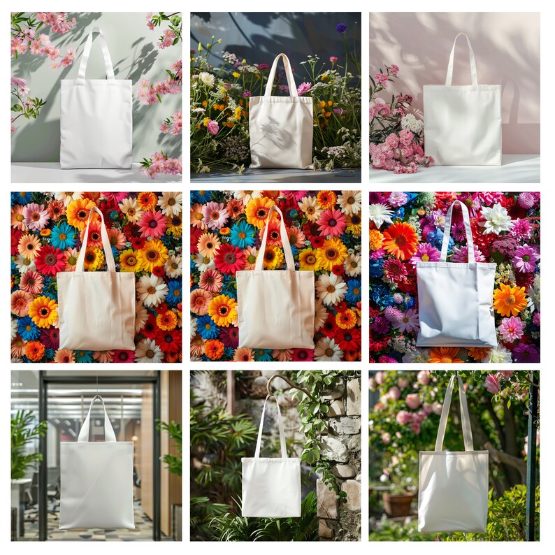 K&ouml;nnte beinhalten: Neun wei&szlig;e Tragetaschen mit Henkeln werden in verschiedenen Umgebungen gezeigt. Einige Taschen befinden sich auf einem Blumenhintergrund, andere auf einer Holzoberfl&auml;che und eine h&auml;ngt an einem Haken. Die Taschen sind alle leer und bereit f&uuml;r die Individualisierung.