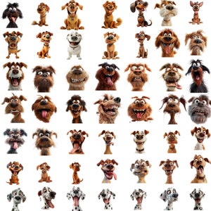 Pu&ograve; includere: Una collezione di 49 illustrazioni di cani di cartoni animati con diverse espressioni e pose. I cani sono raffigurati in una variet&agrave; di razze e colori, tra cui dalmata, cani neri e bianchi, cani marroni e cani bianchi.