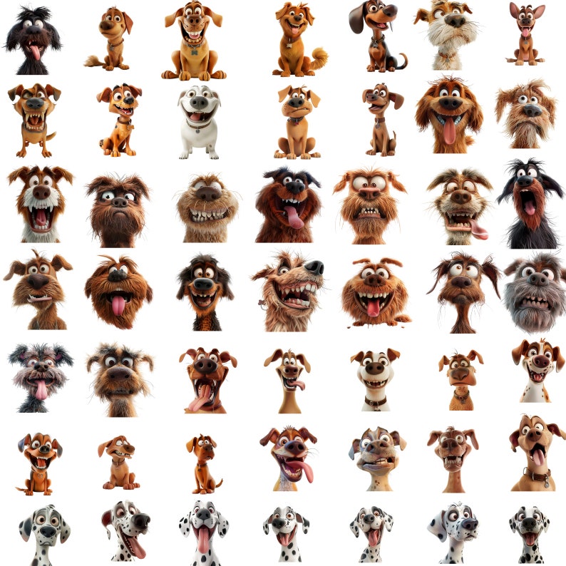 Pu&ograve; includere: Una collezione di 49 illustrazioni di cani di cartoni animati con diverse espressioni e pose. I cani sono raffigurati in una variet&agrave; di razze e colori, tra cui dalmata, cani neri e bianchi, cani marroni e cani bianchi.