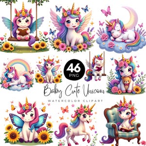 46 Watercolor Baby Cute Unicorn Clipart, Magical Unicorn Graphics, cute Unicorn PNG, Baby Unicorn Bundle, Digital Download
