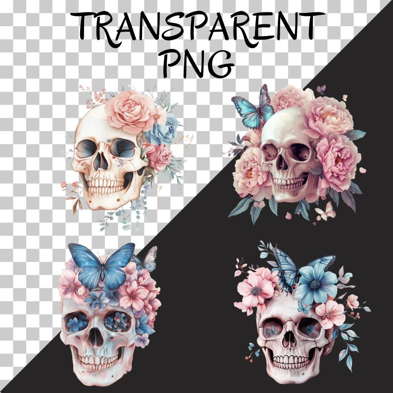 K&ouml;nnte beinhalten: Vier digitale Illustrationen von menschlichen Sch&auml;deln mit Blumenarrangements und Schmetterlingen. Die Sch&auml;del sind wei&szlig; mit schwarzen Augenh&ouml;hlen und von rosa, blauen und wei&szlig;en Blumen umgeben. Die Schmetterlinge sind blau mit schwarzen Markierungen.