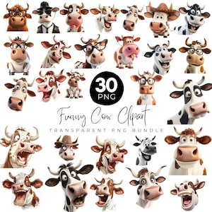 30 Cute and Crazy Cow Clipart, Funny Cow Clipart PNG, Cute Animals Clipart, Funny Cow Face, Commercial Use, Instant Download