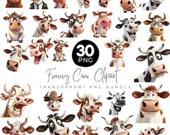 30 Cute and Crazy Cow Clipart, Funny Cow Clipart PNG, Cute Animals Clipart, Funny Cow Face, Commercial Use, Instant Download