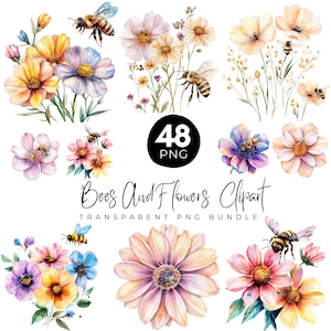 Könnte beinhalten: Aquarell-Clipart mit Bienen und Blumen. Das Bild zeigt eine Vielzahl farbenfroher Blumen in Gelb-, Rosa-, Lila- und Blautönen, mit Bienen, die um sie herumfliegen. Der Text "Bees And Flowers Clipart" ist ebenfalls enthalten.
