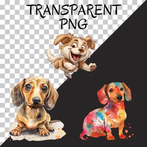 Pu&ograve; includere: Tre cani di cartone animato, uno marrone e bianco, uno marrone e uno con un design acquerellato colorato. I cani guardano tutti lo spettatore.