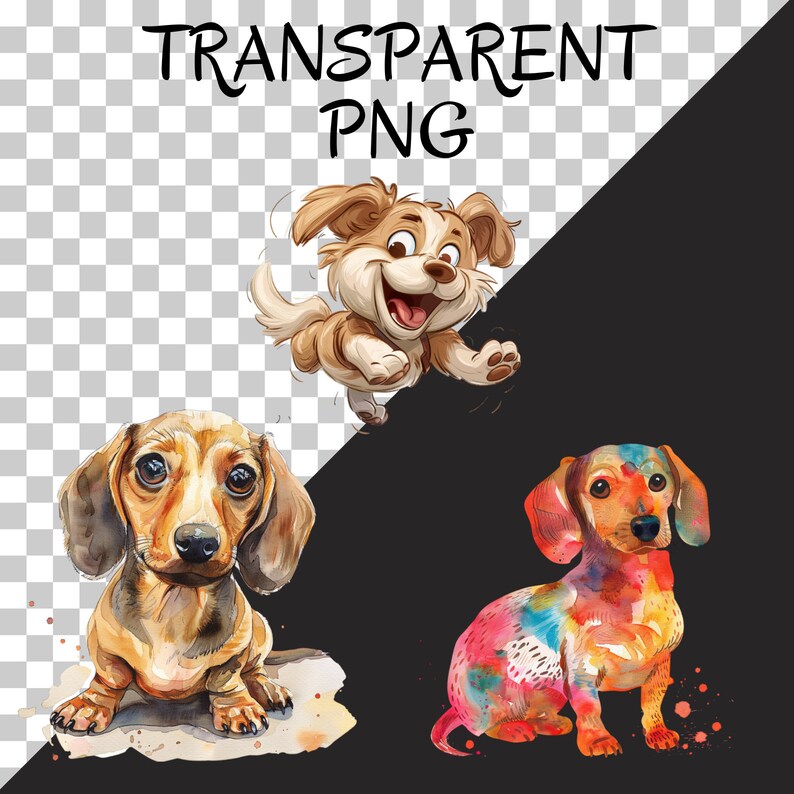 Pu&ograve; includere: Tre cani di cartone animato, uno marrone e bianco, uno marrone e uno con un design acquerellato colorato. I cani guardano tutti lo spettatore.