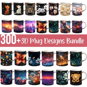 Plus de 300 mugs 3D en sublimation, mugs fleurs, 15 oz fleurs PNG, mugs chat mignon, designs de tasses à café, mugs PNG Designs