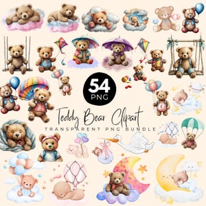 54 Teddy Bear Clipart Bundle, Watercolor Sleeping Teddy Bears, On The Moon Clipart, Boho Teddy Bear Clipart, Digital Download
