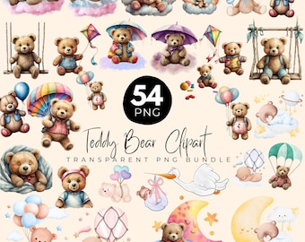 Pacote de 54 clipart de urso de pelúcia, ursos de pelúcia dormindo em aquarela, clipart na lua, clipart de urso de pelúcia boho, download digital