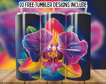 Puede incluir: Tres vasos de acero inoxidable con un diseño de orquídea colorido. La orquídea es una mezcla vibrante de rosa, morado, amarillo y azul.