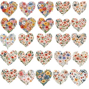 May include: A collection of watercolor heart-shaped floral arrangements. Each heart is filled with a variety of colorful flowers and greenery, including red, pink, yellow, blue, and white blooms. The hearts are arranged in a grid pattern.