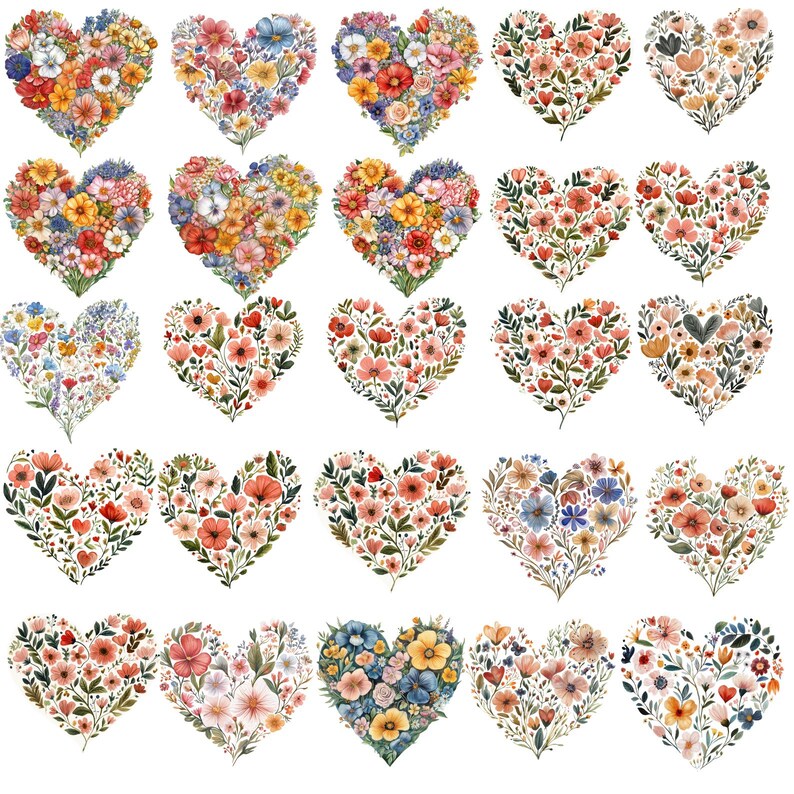 May include: A collection of watercolor heart-shaped floral arrangements. Each heart is filled with a variety of colorful flowers and greenery, including red, pink, yellow, blue, and white blooms. The hearts are arranged in a grid pattern.