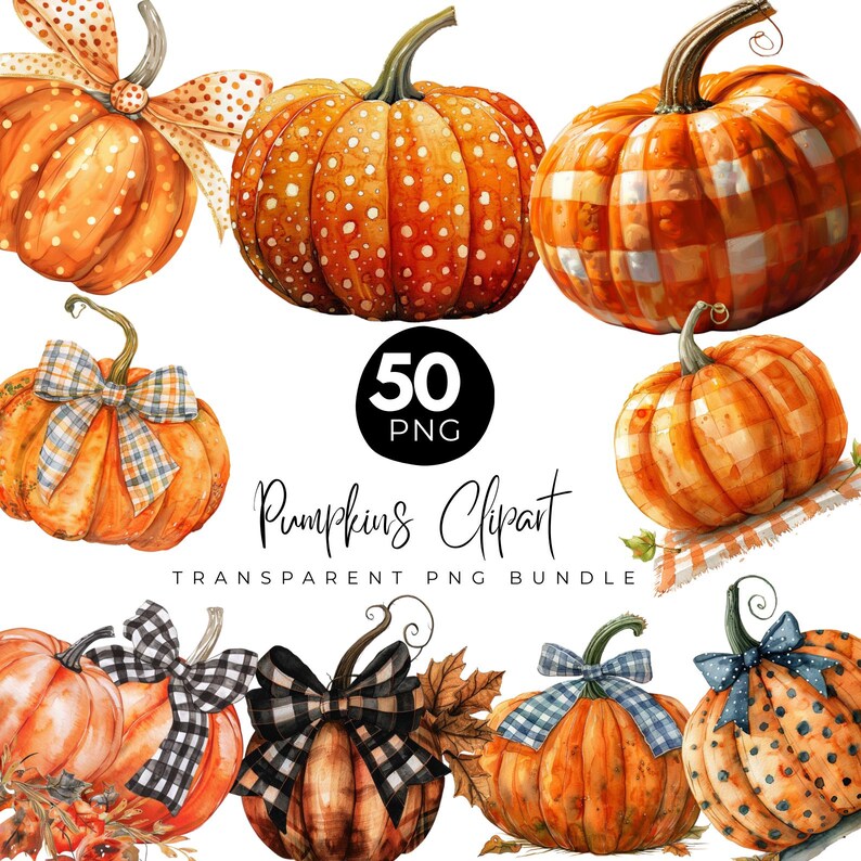 50 Fall Pumpkins Clipart PNG Bundle, Autumn Watercolor Png, Halloween ...
