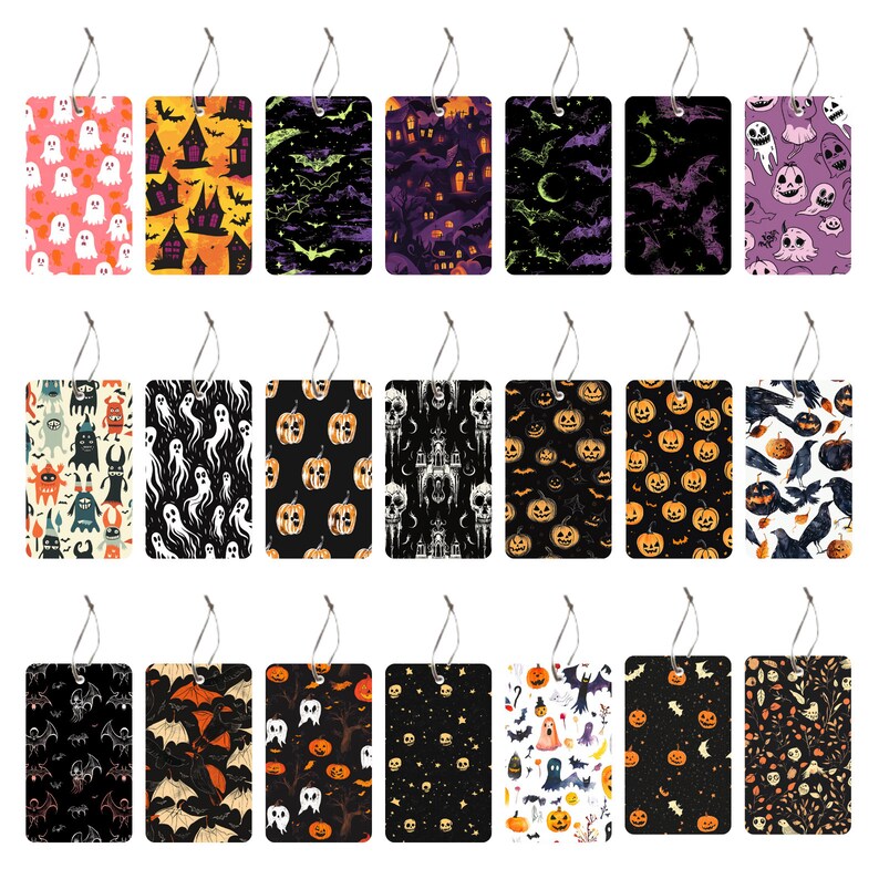 Pode incluir: Conjunto de 20 etiquetas de presente imprim&iacute;veis com tema de Halloween. As etiquetas apresentam v&aacute;rios designs assustadores, incluindo fantasmas, ab&oacute;boras, morcegos e caveiras. Cada etiqueta tem um furo para uma corda ou fita.
