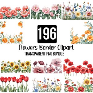 Pacote com 196 clipart de borda de flores, aquarela de flores PNG, clipart floral boho, borda de flores silvestres em pastel aquarela, natureza floral de verão