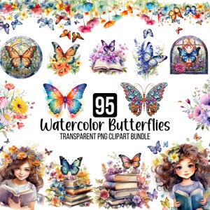 95 Pacote de clipart de borboletas florais em aquarela, clipart de borboletas png, livros com clipart de borboletas, borboleta colorida, arquivo digital