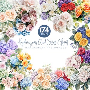 174 Hydrangea and Roses PNG, Rose Hydrangea watercolor clipart, Floral Cottagecore, Floral Frames PNG, Wedding Invitation