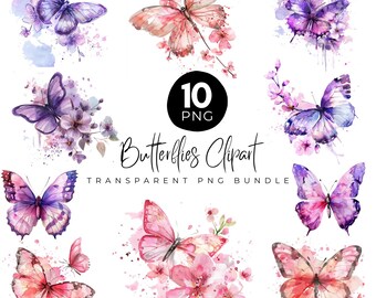 Butterfly Floral Clipart Png Bundle, 3D Watercolor Butterflies, Watercolor Butterflies, Transparent Background, Garden Flowers clipart