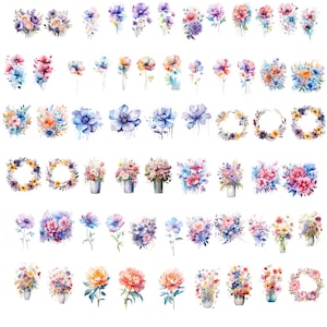 May include: A selection of watercolour floral designs in various arrangements. The image features bouquets, individual flowers, and wreaths in shades of pink, blue, purple, orange, and yellow. Some flowers are in metal buckets. The designs are suitable for crafting and design projects.