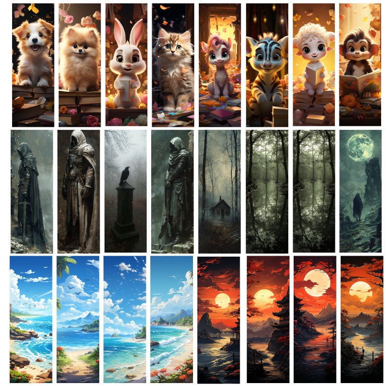 May include: A collage of 18 images featuring various animals, landscapes, and fantasy scenes. The top row features a puppy, a fluffy dog, a white rabbit, a cat, a pink pony, a zebra, a sheep, and a monkey. The second row features a hooded figure, a hooded figure, a crow on a tombstone, a hooded figure, a forest scene, a forest scene, a forest scene, and a moonlit scene. The third row features a beach scene, a beach scene, a beach scene, a beach scene, a sunset scene, a sunset scene, a sunset scene, and a sunset scene.
