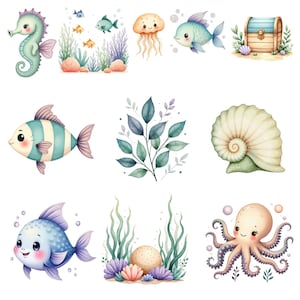 May include: Watercolor illustrations of various sea creatures and aquatic elements. Includes a seahorse, fish, jellyfish, octopus, seashell, treasure chest, and aquatic plants in pastel colors. The overall theme is an underwater scene.